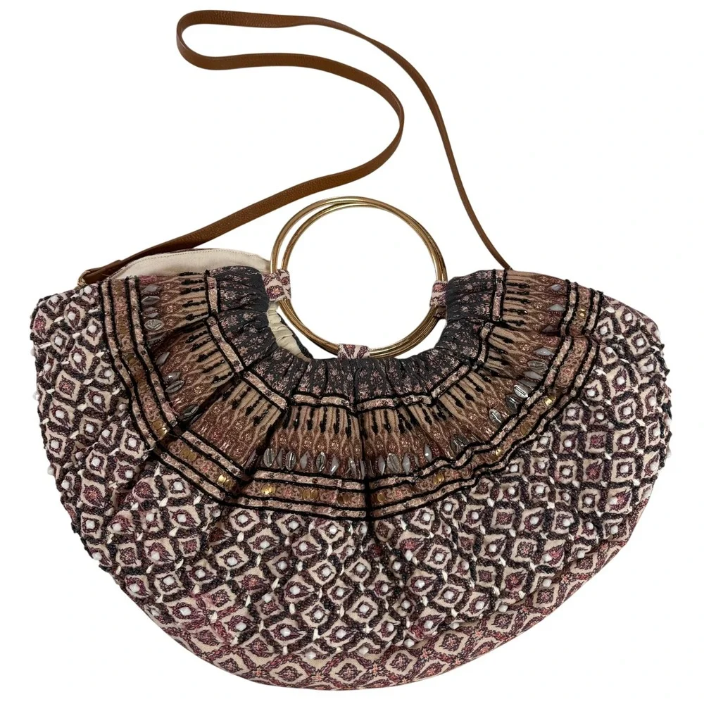 Anthropologie Bohemian Beaded Crescent Hobo Bag Gold Ring Handle Shoulder Bag‎